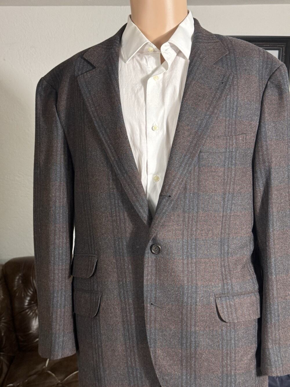 Brunello Cucinelli Burgundy Blue Flannel Plaid Blazer Jacket 54 44R Wool Cashmer